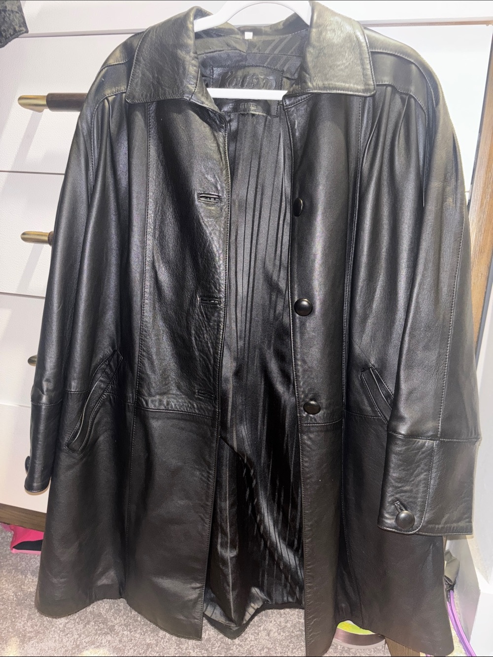 Women's Black Leather Trench Coat - Classic Button Front